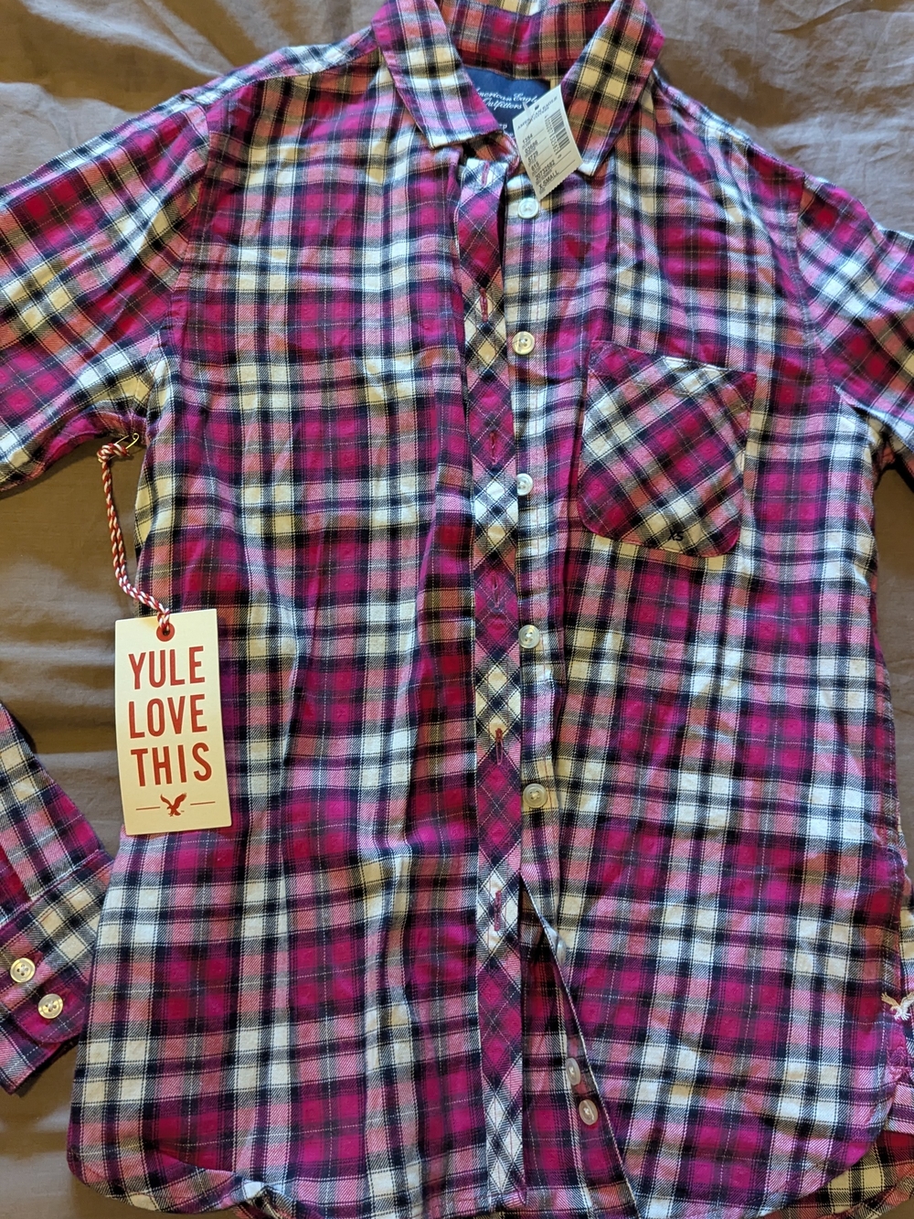 NWT American Eagle Outfitters Pink & White Plaid Button-Down Shirt